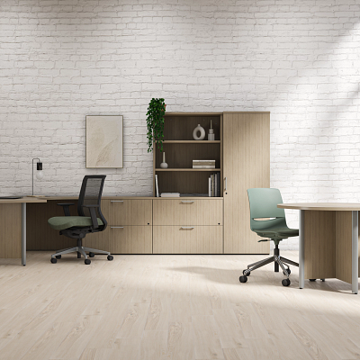 Orenda Casegoods, Diem Task Chair, and LimeLite Task Chairs in an office; refined and functional furniture in a workspace, ideal for private offices